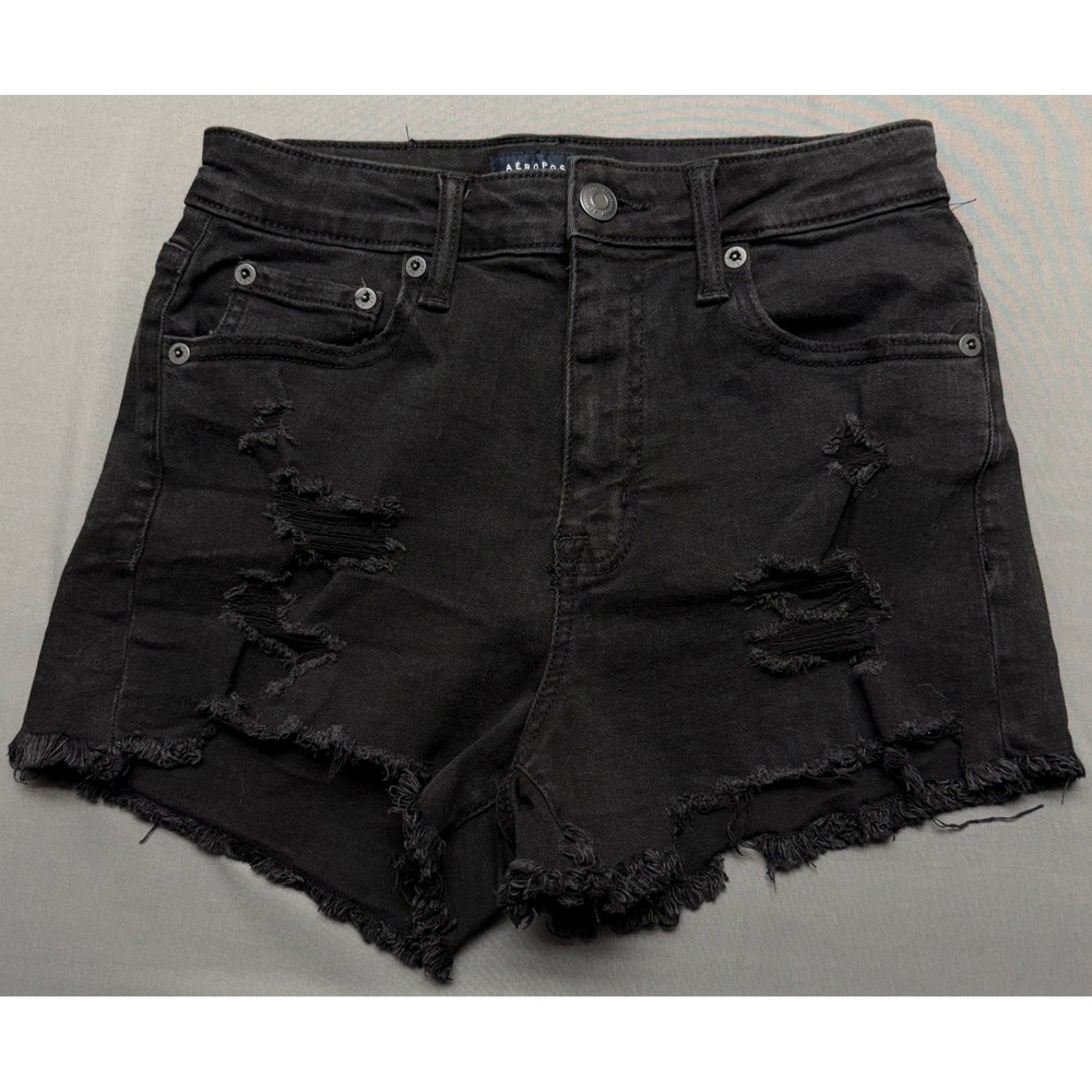 Aéropostale High Rise Shorty Shorts Womens 6 Black Distressed Raw Hem Denim